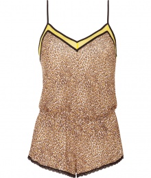 Lounge around in wild style in Juicy Coutures animal print romper, detailed with a comfy elasticized waistline and bright yellow trim for that modern flirty feel - V-neckline, adjustable spaghetti straps, elasticized waistline, black lace-trimmed legs - Easy fit - Wear with silk robes and cozy shearling slippers