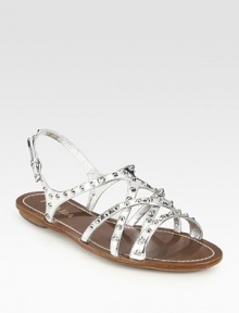 Metallic leather criss-cross flat style with metal stud detail. Studded metallic leather upperLeather lining and soleMade in ItalyOUR FIT MODEL RECOMMENDS ordering true size. 