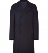 Stay warm while keeping your style sense with this long, lux coat in a dark blue wool blend - Classic with a modern spin, it features a slim silhouette that is pleasantly long - Double row of buttons and decorative pockets, traditional collar and long, moderately-wide sleeves - Adjusts to all outfits -- try with jeans and a cashmere pullover, or with a suit - Lifetime piece of high quality and timeless style