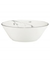 Birch branches grow around this pure white porcelain fruit bowl from Noritake dinnerware. The dishes of this set turn formal tables into serene landscapes. The contemporary design is refined in polished platinum with a breezy, all-natural beauty.