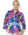 Celebrate spring in Lauren Ralph Lauren's vibrantly hued floral shirt, tailored from soft cotton sateen that has been styled with three-quarter sleeves and chic fold-back cuffs.