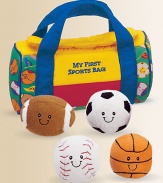 Your little all star in training will be ready to play with this cute set which includes a crinkly baseball, a basketball that rattles, a soccer ball that boings and a football that squeaks, packed neatly in a sporty, soft bag.3.4H X 7.9L X 4.1DPolyesterSurface washRecommended for ages 0 and upImported