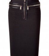 Ultra stylish pencil skirt in a black rayon-polyester blend - looks elegant, feminine, glamorous & rocking - knee length and crisp cut, yet mega comfortable - high-quality material that is comfortable to wear - with cool zippers around your waist and hips - a fashion piece, best combined with hammer  high sandals