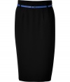 With a flattering pencil silhouette and contemporary blue belted waistline, Steffen Schrauts black skirt is the perfectly versatile choice for workweek chic - Hidden back zip, textural blue belt, kick pleat - Form-fitting - Wear with a feminine satin top and platform pumps