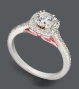 Take her breath away. Blush by Design's stunning engagement ring features a certified, round-cut diamond (1 ct. t.w.) surrounded by diamond accents. Intricate setting crafted in 14k white gold and 14k rose gold.