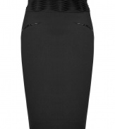 Ultra modern and exquisitely chic, LAgences structural pleated pencil skirt is an understated contemporary choice for ladylike cocktail looks - Structural wave pleated waistband, patent trimmed front slit pockets, hidden back zip, kick pleat - Form-fitting - Wear with tucked in tops and flawless pin heels