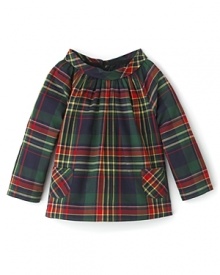 Picture-perfect in a classic tartan, this charming Pearls & Popcorn blouse is a must-have for her first holiday.