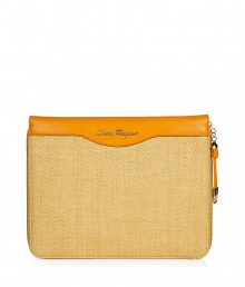 Carry your iPad around in style with this luxe sleeve from Salvatore Ferragamo - Raffia with leather trim, front logo detail, zip closure -  Perfect for work or as a thoughtful gift