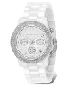 MICHAEL Michael Kors chronograph bracelet watch in white ceramic and stainless steel has a glammed up clear stone bezel. White dial with date display and second hand.