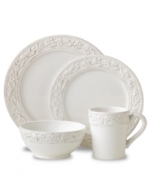 Bring a little old-fashioned romance to the table with the Country Cupboard dinnerware set. Featuring a rustic whitewash finish, border of embossed florals and delicate beading, this vintage-style Pfaltzgraff pattern gives casual tables a sense of femininity and grace.