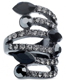 Futuristic finger fashion. This wrap ring from GUESS is crafted from hematite-tone mixed metal with glass crystal stones adding to the postmodern appeal. Size 8.