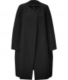 With its contemporary asymmetrical cut and cool oversized silhouette, Veronique Leroys black wool coat guarantees an edgy modern finish to your look - Collarless, long sleeves, partial front closures, voluminous, relaxed fit - Stunning over leather leggings and crisp white tops, or with opaque tights and edgy platform pumps