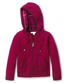 A soft cashmere ensures comfort in a bright magenta hue that little girls will love. From Burberry.