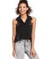 Work your dots in Pretty Rebellious' sleeveless high-low top. A sheer mesh body sprinkled with metallic polka dots is offset by a structured pleated front panel.