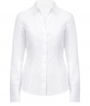 The classic white button down gets a modern update with this chic take from Steffen Schraut - Spread collar, V-neck, front button placket, seaming details down front and back, fitted silhouette - Style with cropped trousers, a blazer, and pumps