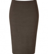 Luxurious skirt in a fine, brown-grey linen and rayon blend - Immensely flattering and elegant, but comfortable, thanks to a little stretch content - A classic with the famous pencil cut, slim, and about knee length - A dream of a skirt for business and afterwards - A figure knockout, the skirt molds your curves and makes you look totally slender at the same time - For the office with a blazer and blouse, for evening with a silk tunic and sandals or booties