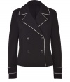 Better than your average blazer, this fresh take from DKNY features bold contrast piping and a flattering tailored fit - Wide notched lapels, double-breasted, front button placket, welt pockets, long sleeves with belted cuffs, contrast piping, back belt detail - Style with a blouse, pencil skirt, and peep-toe pumps