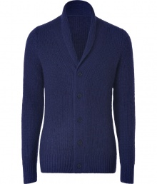 Cozy up to elegant comfort with this dark blue mohair-wool blend cardigan - Features a narrow cut with a shawl collar, half placket and long sleeves - Classic ribbing for exceptionally high-quality look and fit - Favorite everyday piece with jeans, chinos or corduroys - Try with slim-fit grey denim and favorite boots