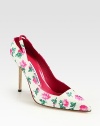 Feminine floral-print silk finished with a point toe, leather trim and an unexpected slingback for a secure fit. Linen-covered heel, 4 (100mm)Printed silk and leather upperLeather lining and solePadded insoleMade in ItalyOUR FIT MODEL RECOMMENDS ordering one half size up as this style runs small. 