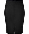 Sexy black brushed leather skirt - This slinky black leather skirt has a sultry figure-hugging silhouette - Flattering pencil length and comfortable front mini-slit - Style with a t-shirt, textured tights, and a blazer for downtown chic - Wear with a tie-neck blouse and heels