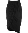 Luxe black skirt in fine viscose blend - wonderfully exclusive and comfortable - crazy-elegant with decorative draping - glam version of the classic pencil skirt - figure-enhancing, in a more conservative knee-length - super stylish, super sexy, a dream piece for fashionistas - a knock-out for business and classy parties or events - wear to the office with a nice blouse and pumps, for evenings with a sexy top and sandals