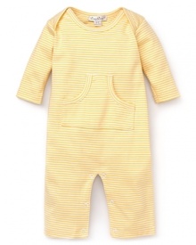 The perfect striped shortall crafted in soft cotton and accented with vented shoulders and a front kangaroo pocket.