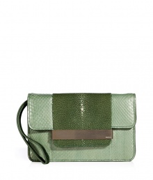 Grandiose in green, Emilio Puccis ultra luxurious snakeskin and stingray clutch lends an elegant edge to every look - Flap with engraved metal bar hardware, magnetic snap underneath, tonal suede sides and wristlet strap, inside front wall slot pocket - Carry as a cool color compliment to your favorite Little Black Dress, or go all out with a vibrant printed sheath