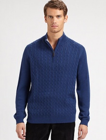 A perfect mix of sporty and preppy, with cable-knit details and an easy half-zip closure.Ribbed mockneck collarHalf-zip frontLong sleeves with ribbed cuffsRibbed hemMerino woolDry cleanImported