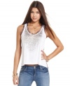 A burst of crystal beads adds glitz appeal to a top that boasts contrasting, animal-print trims! From Baby Phat.