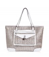 Give your party-ready ensemble extra appeal with this fun shoulder bag from Juicy Couture - Classic carryall style, top carrying handles, front zip pocket with charm detail and embossed logo, woven silver tote with contrasting white trim - Pair with a frilly party frock or wide leg trousers and a blouse and statement heels