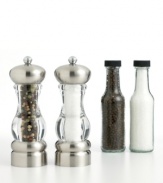 A beautiful addition to any table and an essential part of every meal, these elegantly contoured mills help you season to taste. Acrylic bodies let you see the fresh peppercorns and salt crystals, while stainless bases and grinding knobs create a wonderful tabletop display. Limited lifetime warranty.