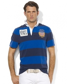 A classic rugby shirt, crafted from thick cotton jersey, is cut for a trim, athletic fit and finished with vibrant stripes and bold country embroidery, celebrating Team USA's participation in the 2012 Olympics.