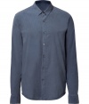 Stylish shirt made of fine, blue, washed cotton - Slim silhouette with small collar, placket and long sleeves - Rounded seam edges are casual yet chic - Wear with chinos, v-neck cardigan and slippers