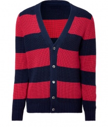 Add preppy-cool flair to your daytime look with this striped cardigan from Closed - V-neck, all-over stripe pattern, front button placket, ribbed cuffs and hem - Pair with chinos, a long sleeve tee, and trainers