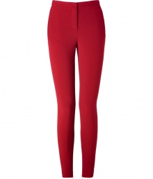 A vibrant hue and a curve-hugging cut lend these ruby red Schumacher skinny trousers their stylish, statement-making appeal - Especially flattering, thanks to a touch of stretch - On-trend, higher-rise, ultra slim cut - Slim tab waist and zip fly - Slash pockets at sides, welt pockets at rear - Decorative seams at rear elongate the leg - Chic, ankle-zip embellishment - Pair with a blazer, button down and ballet flats by day, or dress up with a silk blouse, leather jacket and platform pumps at night