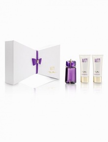 This luxurious selection of ALIEN products, including Eau de Parfum Spray, 2 oz.; Radiant Body Lotion, 3.4 oz. and Radiant Shower Gel, 3.4 oz. exude glamour. The products are encased a signature box reminiscent of Mugler's famous asymmetrical designs. The box opens to reveal the products in a dramatic fashion and a faux leather bow adds the finishing touch. Made in France. 