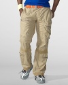 Metal zippers and grommets give a modern moto-inspired look to an essential cargo pant in lightweight cotton poplin.