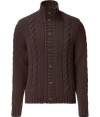 Luxurious cardigan in fine, dark brown wool - Elegant, flattering quality - Fashionable version of the classic cardigan, with a stand-up collar and button placket - Slim, moderately long, with a decorative cable stitch - A classic from Etro that always looks great - A nice easy piece for everyday, casual AND exclusive - Pair with jeans, office trousers or chinos