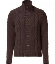 Luxurious cardigan in fine, dark brown wool - Elegant, flattering quality - Fashionable version of the classic cardigan, with a stand-up collar and button placket - Slim, moderately long, with a decorative cable stitch - A classic from Etro that always looks great - A nice easy piece for everyday, casual AND exclusive - Pair with jeans, office trousers or chinos