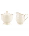 With fanciful beading and a feminine edge, this Lenox French Perle sugar and creamer set is a great addition to your white dinnerware and has an irresistibly old-fashioned sensibility. Hard-wearing stoneware is dishwasher safe and, in a soft white hue with antiqued trim, a graceful addition to any meal. Qualifies for Rebate