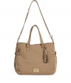 Inject edgy style into your statement handbag collection with Juicy Coutures glamorous Lauryn satchel in studded camel nylon, part of the Upscale Quilted collection - Metal shield logo plate, leather trim, braided chain and leather strap, rivet tassels, side buckle and pocket detail, inside removable pouch with leather trim, inside zippered and slot pockets - Perfect for finishing your workweek looks