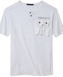 A henley from Sean John that doesn't stick to the rules. Its chest pocket: A doubled mini pocket with a button-flap closure. Its placket: two buttons instead of three. Its graphic: Not a logo, but the Roman numerals for Sean Combs's birth year 1969.