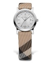 Burberry... time after time. Round silver sunray check printed dial on classic Nova check strap with date function and hour indices.