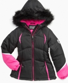 With her pretty face peeking out from the fur-lined hood, she'll look lovely and stay safe from the cold in these Protection Systems puffer coats.