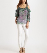 Breezy paisley-print silk hangs off the shoulders in this ruffled topper.Wide strapsOpen shouldersGathered sleevesPullover styleAbout 27 from shoulder to hemSilkDry cleanImported of USA fabric