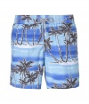 A brand original style since the 70s detailed with a drawn palm print, Vilebrequins Moorea swim trunks are as fun as they are iconic - Waterproof elastic waistband, back flap pocket, side slit pockets, back eyelets for release of water, durable drawstring cord with stainless metal aglets, interior cotton briefs - Classic slim fit - Wear in the water, or post-swim with a polo and flip-flops - Comes with a logo printed drawstring pouch