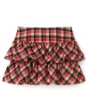 Perfect with a button down shirt, long sleeve tee or cardigan, this season-right Juicy Couture plaid skirt refreshes the classic style with tiered ruffle styling.