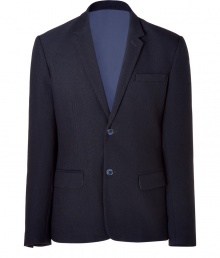 Sophisticated navy cotton and wool-blend blazer from Marc by Marc Jacobs - Instant urbane-cool is achieved with this classic navy blazer - Notched lapel, two-button closure, two flap pockets, and a chest pocket - Slim, modern fit - Pair with straight-leg jeans, a striped button up, and oxfords