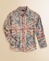 An array of stamps in a range of soft hues creates a graphic yet subtle Union Jack pattern on this charming button-down.Point collarLong sleeves with button cuffsButton front with single contrast buttonContrast stripes along the inner sleeves and collarCurved hemCottonMachine washImported of French fabricPlease note: Number of buttons may vary depending on size ordered. 