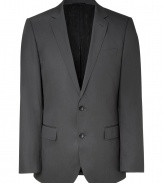 Elegant jacket in fine, pure grey cotton - Single breasted blazer style with two-button closure - Small collar and slim lapels - Two front flap pockets, single chest pocket - Side vents at rear - Modern silhouette is straight and slim - A polished, slick staple in any wardrobe - Dress up with suit trousers and a button down, or pair with jeans and a t-shirt for a more casual look